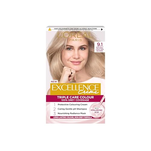 L'Oréal Paris Excellence Crème Permanent Hair Dye, Radiant At-Home Hair Colour with up to 100% Grey Coverage, Pro-Keratin, Up to 8 Weeks of Colour, Colour: 9.1 Natural Light Ash Blonde