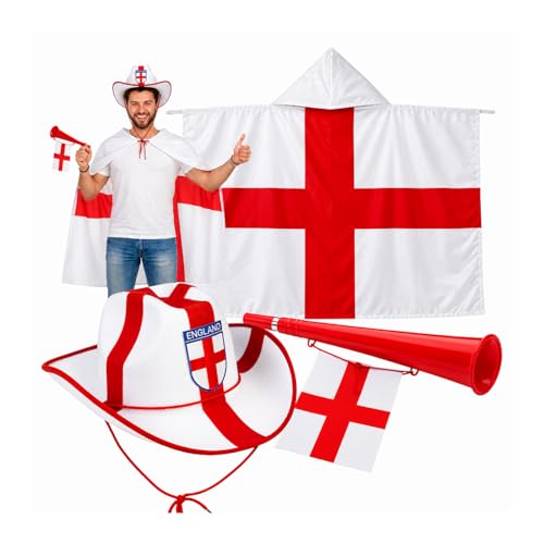 Topline England World Cup 2026 Merchandise - England Fan Kit 3-Piece Supporter Set - St George Rayon Cape Stetson Hat with Badge Horn & Flag. Womens Mens Accessories for Football World Cup 2026