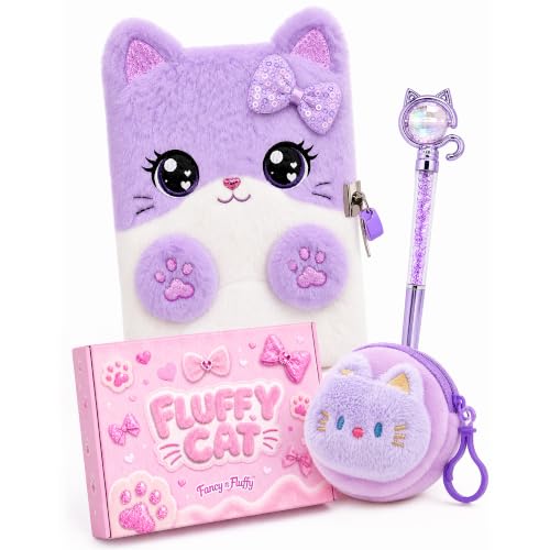 Image of Cat Diary with Lock for Girls Ages 4-12, Fuzzy Secret Journal Notebook Set