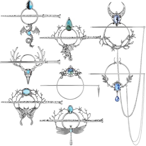 WILLBOND 8 Pcs Viking Celtic Hair Clips Vintage Celtic Knot Hair Slide Sticks Retro Silver Alloy Barrette Hairpins Viking Jewelry Accessories for Women Girls Scarf Sweater Gifts(Gemstone)