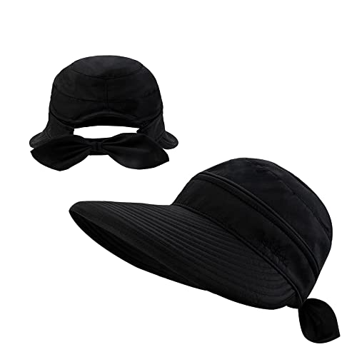 Womens Large Brim Sun Hat Uv Protection 2 In 1 Zip-Off Sun Protection Visor Beach Hat Packbale Foldable Black #TOP1