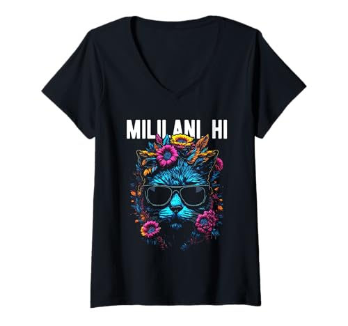 Mujer Mililani HI USA - Figura decorativa, diseño de gato y flores Camiseta Cuello V