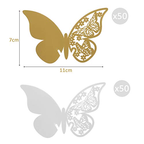 Kesote 100x Tischkarten Schmetterling Hochzeit Nameskarten Glasanhänger Platzkarten Taufe Kommunion Tischdeko (Gold und Silber)