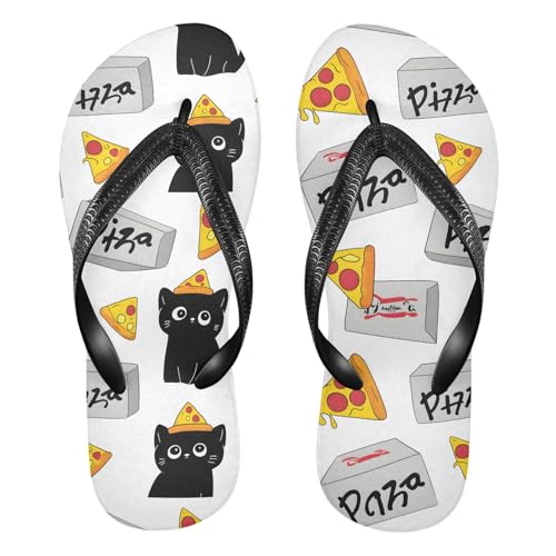 ALAZA Cute Pieces Pizza Black Cats Flip Flops for Women Fashion Beach Slippers Comfort Mens Flip Flops Non-Slip Rubber Shower Slippers Sandal for Hotel Travel Sport,XS