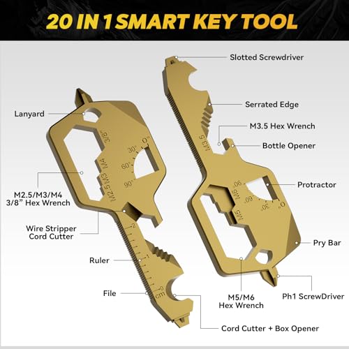 Key Shaped Pocket MultiTool 20-in1 Multi Tool, Stainless Steel Keychain Utility Gadget,Gift for Men, Women, Father,Groomsmen, Valentine\'s, Birthday, Christmas(Gold)