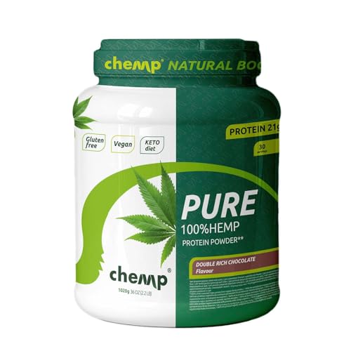 Chemp Pure Poudre de protéines de chanvre 100% | Chocolat | Poudre de protéines végétaliennes - sans gluten - sans soja | 30 x portions (1 paquet 1020g) | 21 g de protéines et 3 g de BCAA par portion