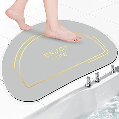 Bath Rug Watforsh Super Absorbent Bath Mat Non-Slip Quick Drying Half Circle Thin Bathroom Mat Floor Machine Washable Water Quick Absorbent Rubber Rug Easy to Clean Bathroom, Doorway (15.8x23.6,Gray) Cover