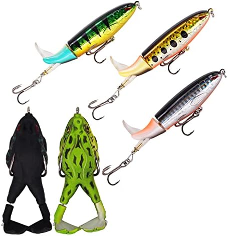 Top Water Bass Fishing Lure Kit, Plopping Propeller Tail Bigger Splash Whopping, Soft Plastic Frog Bait 3D Eyes Lifelike Body Pattern, for Bass Snakehead Musky Pike Walleye, 5 pcs