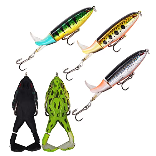 Top Water Bass Fishing Lure Kit, Plopping Propeller Tail Bigger Splash Whopping, Soft Plastic Frog Bait 3D Eyes Lifelike Body Pattern, For Bass Snakehead Musky Pike Walleye, 5 Pcs #TOP3