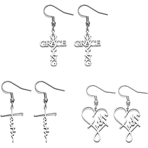Amazing Grace Earring Stainless Steel Letter Cross Earring Pendant Ear Decoration Amazing Grace Pattern Earring for Women Religious Faith Christian Jewelry Set 3 Pcs Cover