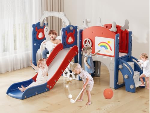 XJD 13-in-1 Toddler Slide and Swing Set, Kids Slide for Toddlers Age 1+, Toddler Outdoor Playset New Upgrade with Golf Set, Basketball Hoop, Drawing Board for Playground (Red Blue)