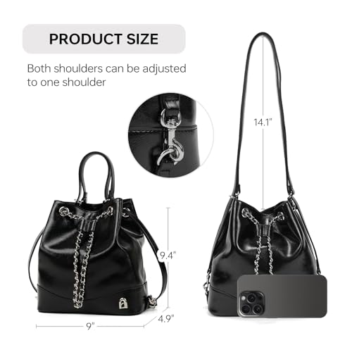 LA FESTIN Leather Purses for Women Cute Backpack Lightweight Shoulder Small Trendy Bucket Handbags with Strap Silver Chain (Black) 5