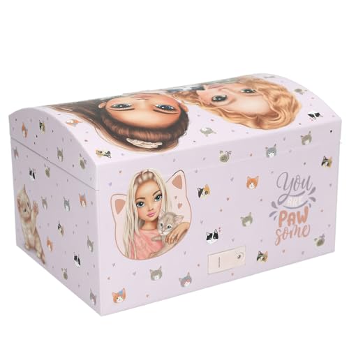 Depesche 13578 TOPModel Cat Love - Schmuckkästchen in Lila, mit Model Motiv und Katzen Muster, Schmuckbox mit Code, Sound und Spiegel