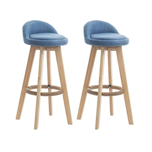 Taburete Creativo para Mostrador De Cocina/Taburete De Bar Giratorio, Silla con Asiento De Lino, Patas De Madera, con Respaldo Y Reposapiés, 63/73cm Blue, Sitting High: 75cm