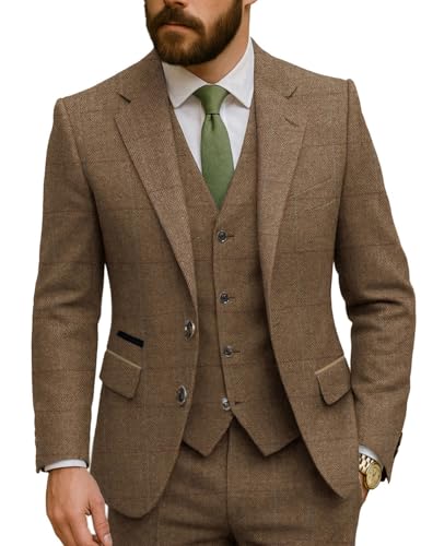 MoranX Vintage Men's Suits Tweed Regular Fit 3 Pieces Plaid Wool Business Jacket Tuxedos Blazer+Vest+Pants Wedding2