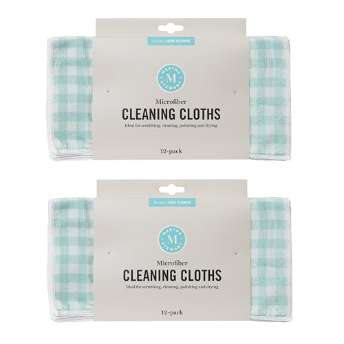 Martha Stewart Microfiber Cleaning Cloths, Ultra-Absorbent, Lint-Free Cleaning Towels for Home & Kitchen, Teal Gingham, 11 Inches, 24 Count