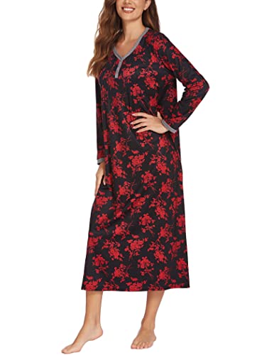Ekouaer Nightshirt For Women Round Neck Sleepwear Long Sleeve Pajama Dress Full Length Red M #TOP2