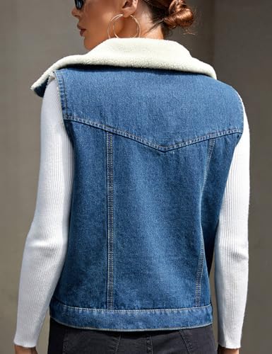 Perbai Womens Warm Fleece Lined Crop Denim Vest Lapel Button Down Loose Sleeveless Jean Sherpa Jacket2