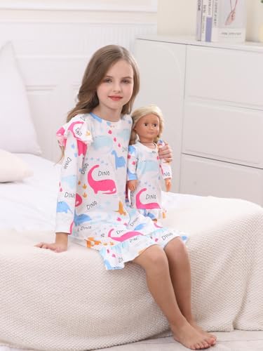 Bow Dream Toddler Girls Casual Dress and Matching American Girl Doll Clothes for Girls White Dinosaur2
