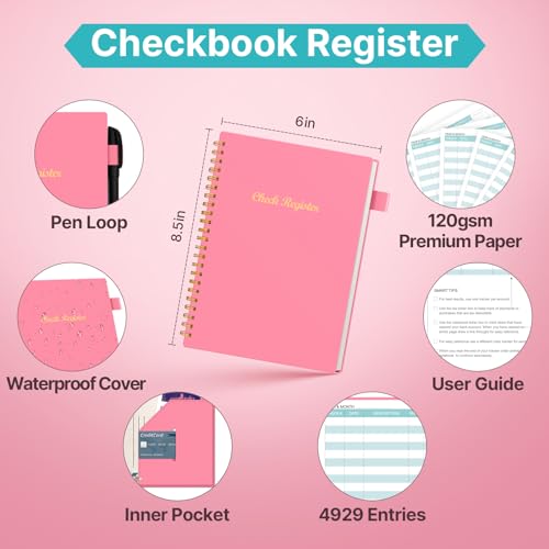 Regolden-Book Check Registers for Personal Checkbook Register, Bank Accounting Ledger Book for Small Business, Transaction Registers Log Book, Check Register Book Expense Tracker, 160 Pages, A5, Pink