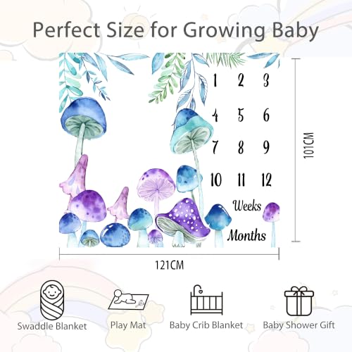 Image of Mushroom Theme Baby Monthly Milestone Blanket, Soft Flannel Watercolor Spring Tropical Eucalyptus Leaves Botanical Photography Prop Newborn Baby Shower Age Growth Tracker (Purple Blue, 48x40in)