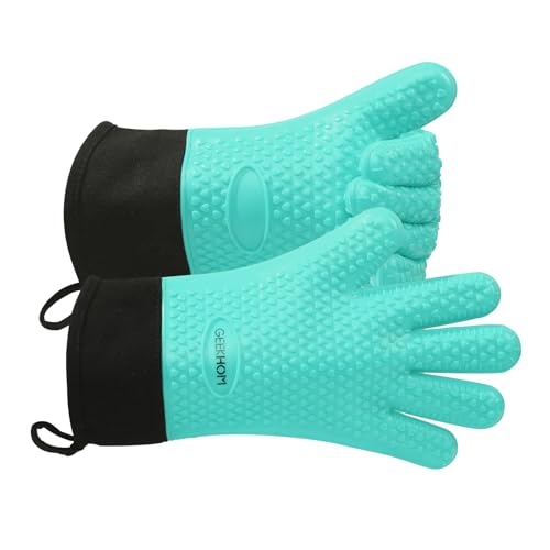 Image of GEEKHOM BBQ Gloves Heat Resistant Oven Mitts - Silicone Grilling Gloves with 13.7 inch Arm Protection - Waterproof Pot Holder Non-Slip for Men & Women, Kitchen Outdoor Cooking, Baking, Camping, Turquoise