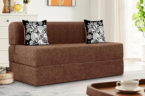 Image of Rosebell Two Seater Sofa Cum Bed | Jute Fabric Washable Cover | with Cushions Perfect for Guest | Brown-Color | 4' X 6' Feet