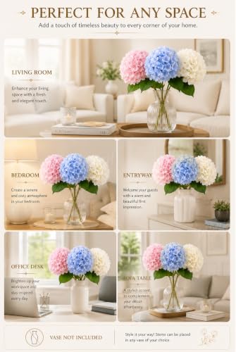 Image of Divyakosh 3 Hydrangea Flower Sticks (Vases Not Included), Artificial Flowers Bunch, Artificial Flower for Vase, Luxury Floral Arrangement, Living Room Office Dining Table Centerpiece Home Decor