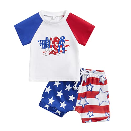 Toddler Baby Boy 4Th Of July Outfit Usa Letters Print T-Shirt Tops Drawstring Stars Striped Shorts Summer Clothes Set (Blue Red, 2-3 Years) #TOP12