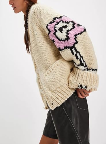 chouyatou Women's Fall Casual 2025 Floral Sweater Cardigans Oversized Button Down Chunky Knit Sweater Coatigan2