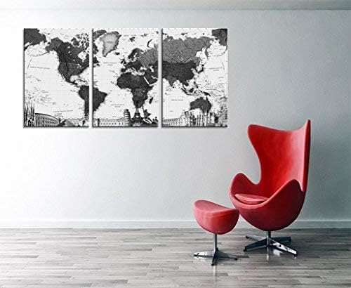 Modern World-Map Canvas Wall Art - 60x30inch Large Black-White Picture Prints and Posters for Home Office Living Room Wall Decor (Black, Large)