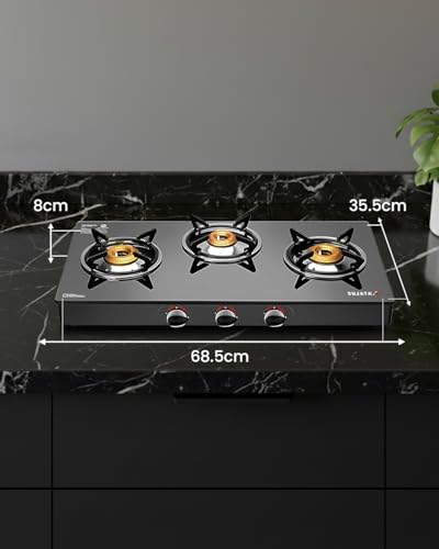 Image of Sujata Standard 3 Burner Auto Ignition Gas Stove | 9 Years Warranty|Toughened Glass Top | ISI Certified | SABAF Valves | LPG & PNG Compatible | 360 Rotating Nozzle |(Black)