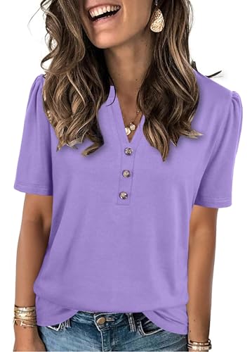 Women Summer Outfits 2026 Short Sleeve Henley Neck Shirts Ladies Button Tops Trendy Beach Vacation Clothes Light Purple