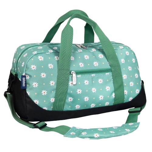 Image of Wildkin Overnighter Duffel Bag for Kids, Daisy | 18 x 9 x 9 in travel duffel with roomy main compartment, exterior zip pocket and removable padded shoulder strap.