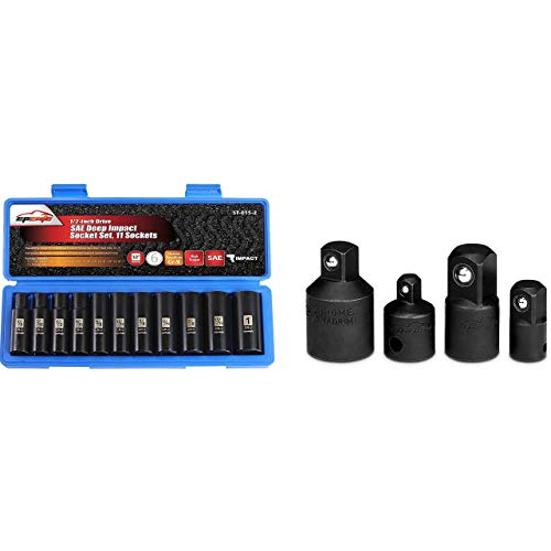 EPAuto 1/2-Inch Drive SAE Deep Impact Socket Set, Cr-V, 6 Points, 11 Sockets + 4 Pieces Impact Socket Adapter and Reducer Set, Cr-V