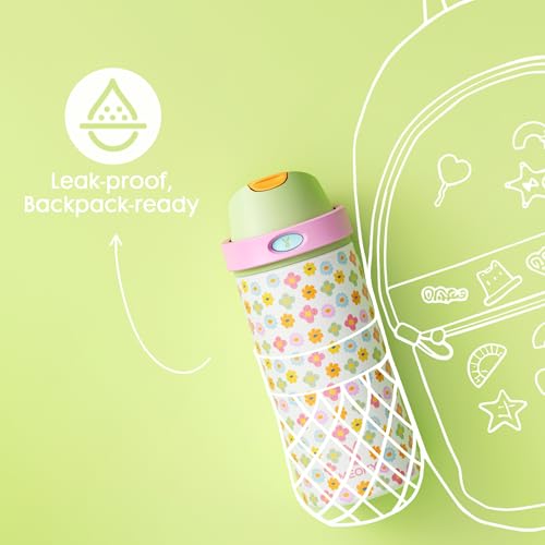 Image of Meoky 2 Pack 18 oz Insulated Stainless Steel Water Bottles for Kids Girls | 2-in-1 Straw and Spout Lid, Leak Proof, Fits in Car Cup Holder, BPA-Free for School Backpacks, Pink Bows & Rainbow Blooms