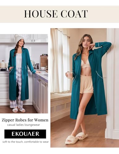 Image of Ekouaer Zipper Robes for Women Long Sleeve Lightweight House Coats with Pockets Zip Up Bathrobe Loungewear S-3XL