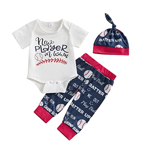 Image of SAYOO Toddler Baby Boy Baseball Outfit Funny Letter Short/Long Sleeve Bodysuit Romper+Long Pants+Hat Coming Home Clothes
