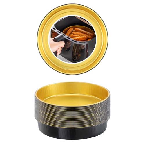 MESTAEK Reusable Aluminum Foil Air Fryer Pans, 20-Pack, 7.1-Inch Diameter, 1.6-Inch Depth, 24.5-Ounce Capacity, Food-Grade, Black & Gold, Thickened for High Temperatures, Dishwasher Safe