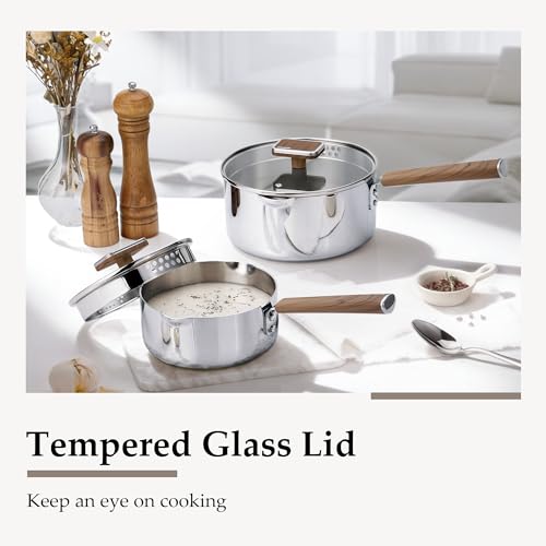 Image of CAROTE1.5Qt & 3Qt Stainless Steel Saucepan Set, Triple Ply Stainless Steel Pot, Saucepan with Glass Lid, Small Sauce Pot with Wooden Handle, Easy Pour Rim