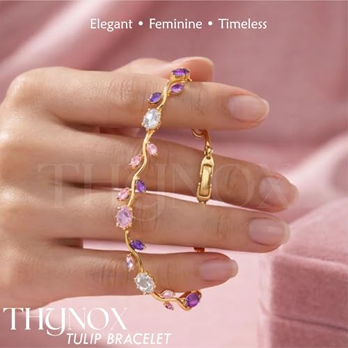Image of THYNOX Tulip Bracelet for Women Stylish | Gold Plated Crystal Floral Jewellery | Adjustable Chain Wrist for Women & Girls Stylish | Elegant Tulip Bracelet for Women, Party & Daily Wear Accessory