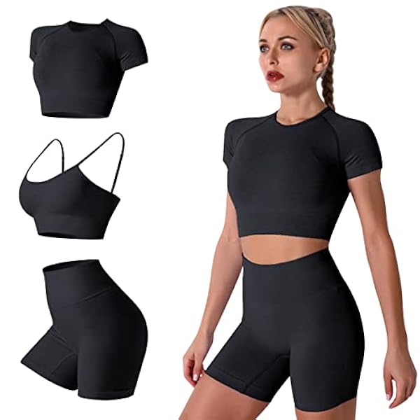 IMEKIS Set fitness da donna, 3 pezzi, reggiseno sportivo con crop top e pantaloncini, senza cuciture, per yoga, fitness, allenamento, da donna, slim fit, estivo, da motociclista, da corsa, da