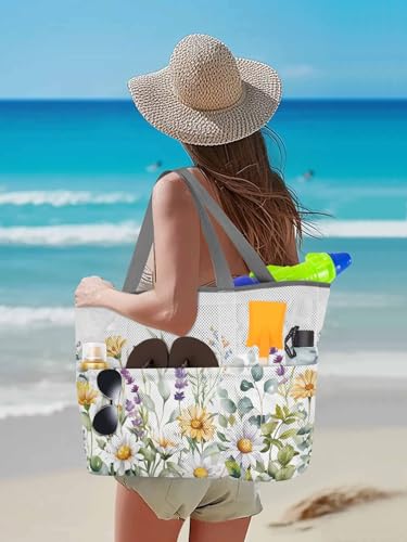 Mesh Beach Bag Oversized Tote Bags for Women Farm Daisy Flower on White Large Travel Pool Bags with 8 Pockets3