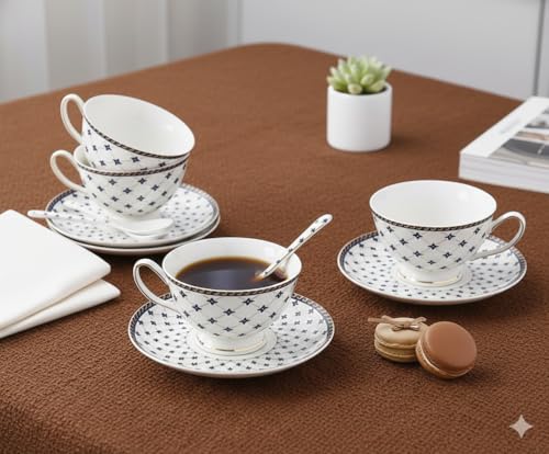 Image of White Cup with Saucer Set of 12 Pcs | Tea /Coffee Cups 180 ml | Microwave & Dishwasher Safe | Bone-Ash Free | Crockery Set Ideal for Daily Use & Gifting, Black