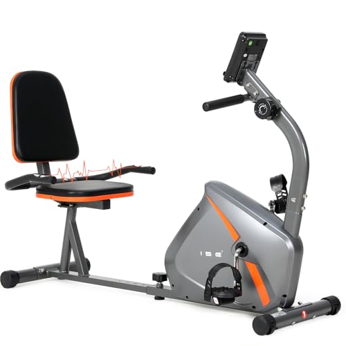 ISE Vélo d'Appartement Semi-Allongé Vélo Couché avec Frein Magnétique, Roues de Transport, Capteurs d'Impulsion, l'Ecran LCD, 8 Niveaux de Résistance Réglables,...