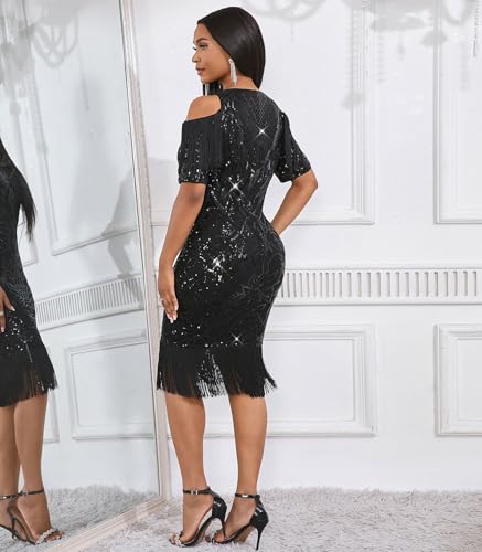 Image of Cololura Sexy Elegant Women Sequin Long Sleeve Tassel Bodycon Midi Dress Party Evening Gown Formal Dress