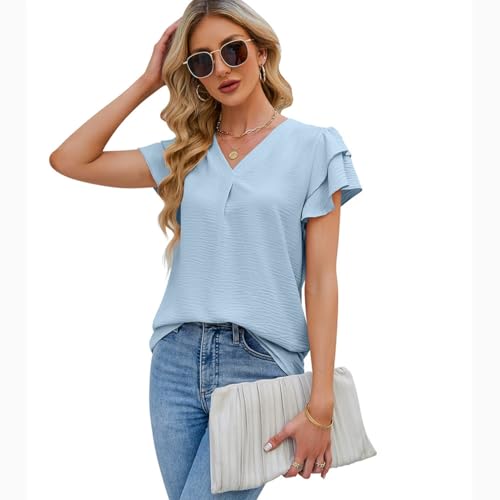 LEKOPUR Bluse Damen Kurzarm Blau Shirt Blusen Elegant V-Ausschnitt Sommer Oberteil für Party Outfit Tunika Damenblusen