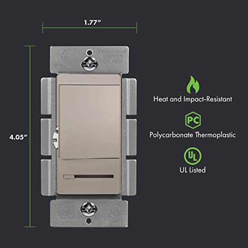 Topgreener Dimmer Switch With Light Adjustment Slider, Single Pole Or 3 Way, 150W Led, 600W Incandescent/Halogen, 120V 60Hz, Ul Listed, Tgdmds-120-Nk, Nickel #TOP1