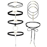 Tpocean 6 Stück Schwarze Samt Choker Halskette Set Gothic Punk Leder Gold Legierung Anhänger Charm Choker Layered Schnur Halsband Halskette für Frauen Mädchen