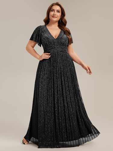 Image of Ever-Pretty Women's Plus Size Glitter Formal Dresses for Curvy Women A Line V Neck Gala Mother of Bride Dress Evening Gown